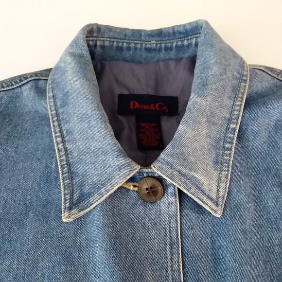 Denim & Co Long Blue Denim Jacket Chore Barn Duster Size Medium Button Front - Picture 12 of 14